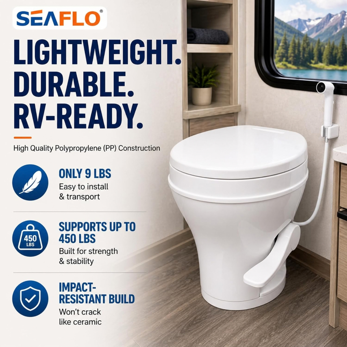 SEAFLO Residential-Height Gravity-Flush Soft-Close RV Toilet with Sprayer Attachment