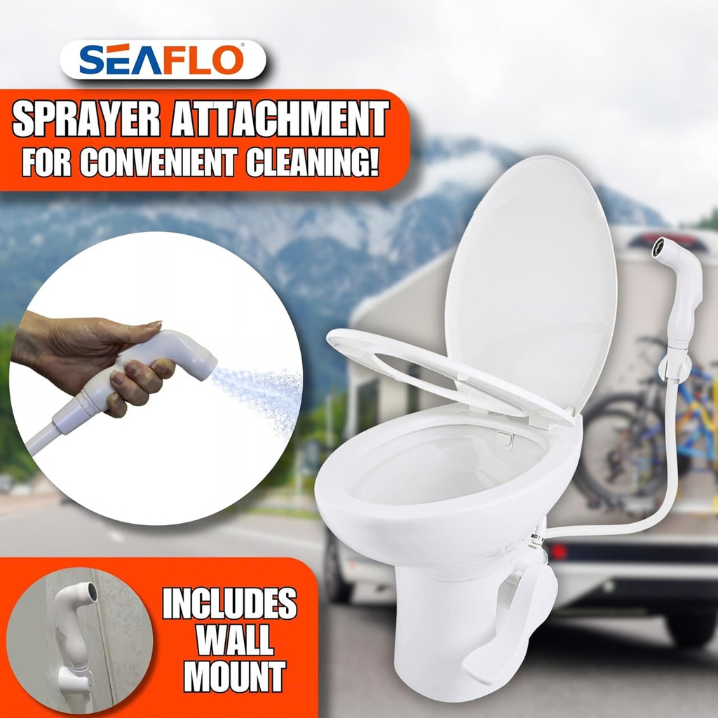 SEAFLO Porcelain RV Toilet with Sprayer Attachment - Elongated Bowl 19” Inch Residential Height, Gravity Flush, Foot Pedal Soft Close Seat Camper Motorhome Easy Install