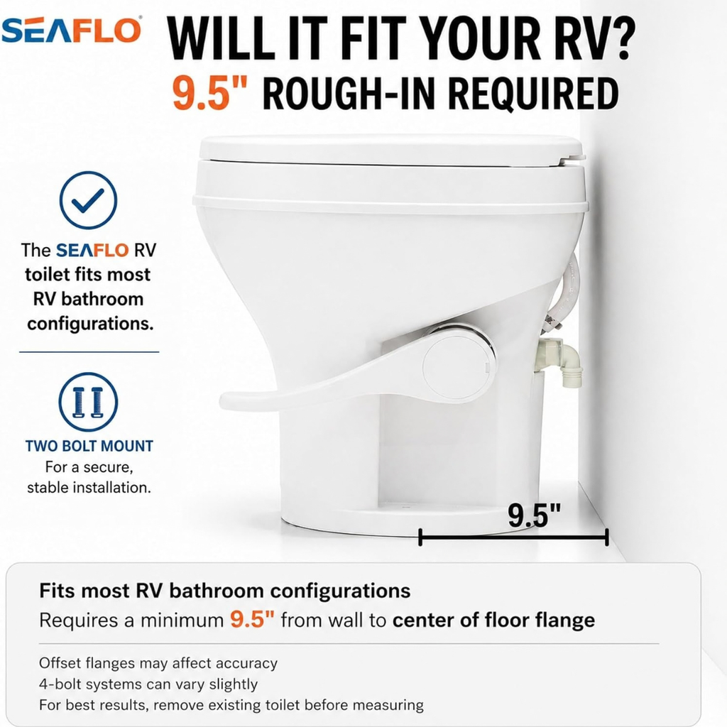 SEAFLO Residential Height Camper/RV Toilet, 18.5” Standard Height, Gravity Flush System, Foot Pedal Operation, Soft Close Seat, Easy-to-Clean Oversized Bowl (Color: White)