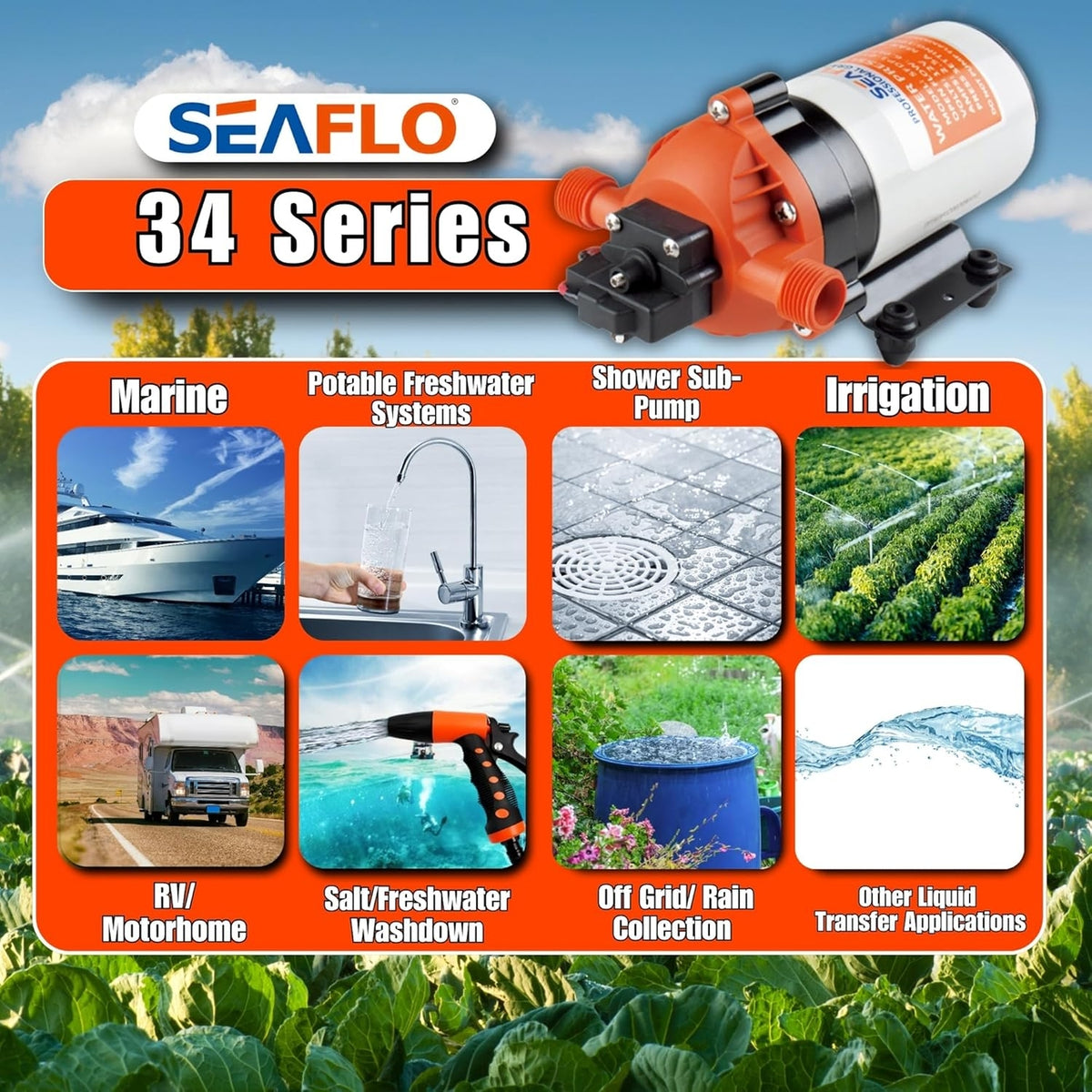 SEAFLO 34 Series Water Pressure Diaphragm Pump - Continuous Duty, Built-In Pressure Switch, Self-Priming, and 4-Year Warranty - 12V | 1.6 GPM | 100 PSI