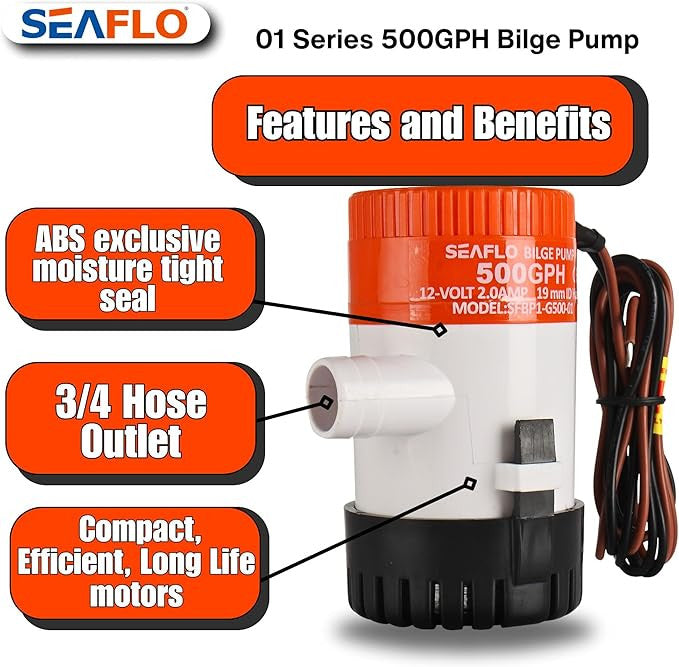 SEAFLO 01 Series 24V Bilge Pumps – 3/4" Outlet, Marine Submersible Pump with Anti-Airlock Protection (Choose 350/500/750 GPH)