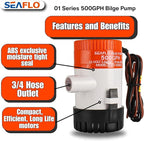 SEAFLO 01 Series 24V Bilge Pumps – 3/4" Outlet, Marine Submersible Pump with Anti-Airlock Protection (Choose 350/500/750 GPH)