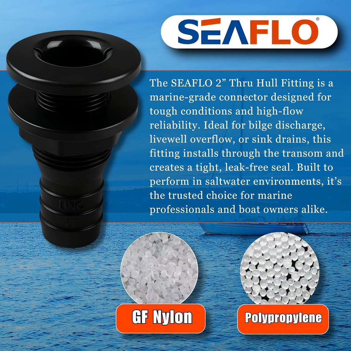 SEAFLO Thru Hull Fitting, Marine Boat, Plastic Drain Overflow Connector, Corrosion Resistant Saltwater Safe, Bilge Port Deck Outlet,(⅝,¾,1,1⅛,1¼,1½, & 2" Options)(1,2,5, &10 Packs)(White/Black)