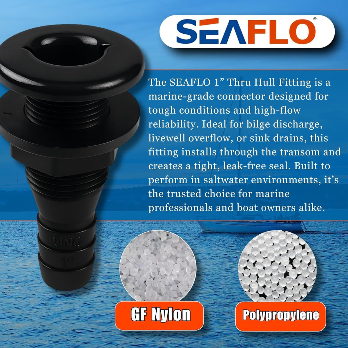 SEAFLO Thru Hull Fitting, Marine Boat, Plastic Drain Overflow Connector, Corrosion Resistant Saltwater Safe, Bilge Port Deck Outlet,(⅝,¾,1,1⅛,1¼,1½, & 2" Options)(1,2,5, &10 Packs)(White/Black)