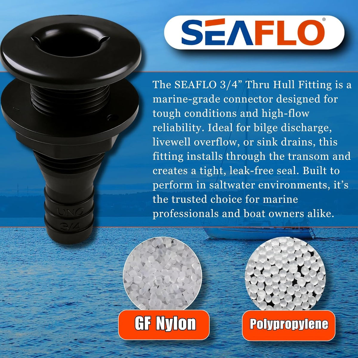 SEAFLO Thru Hull Fitting, Marine Boat, Plastic Drain Overflow Connector, Corrosion Resistant Saltwater Safe, Bilge Port Deck Outlet,(⅝,¾,1,1⅛,1¼,1½, & 2" Options)(1,2,5, &10 Packs)(White/Black)
