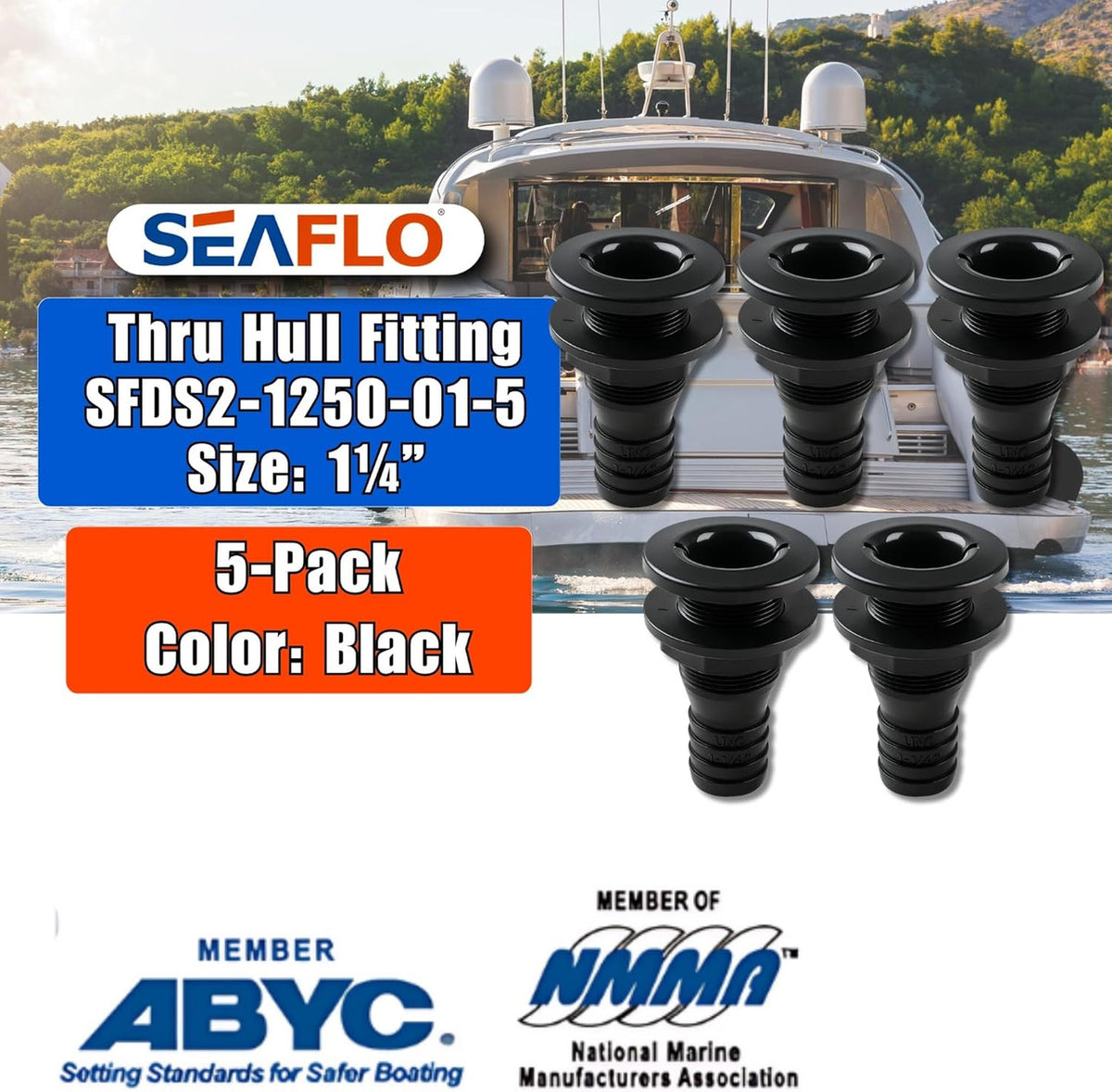 SEAFLO Thru Hull Fitting, Marine Boat, Plastic Drain Overflow Connector, Corrosion Resistant Saltwater Safe, Bilge Port Deck Outlet,(⅝,¾,1,1⅛,1¼,1½, & 2" Options)(1,2,5, &10 Packs)(White/Black)