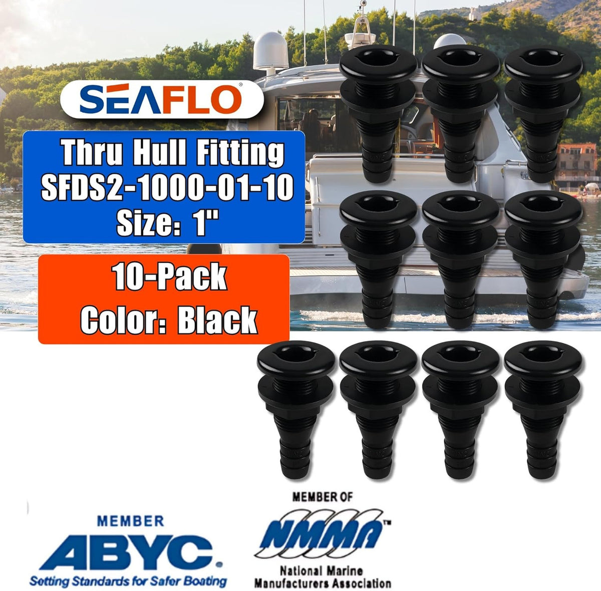 SEAFLO Thru Hull Fitting, Marine Boat, Plastic Drain Overflow Connector, Corrosion Resistant Saltwater Safe, Bilge Port Deck Outlet,(⅝,¾,1,1⅛,1¼,1½, & 2" Options)(1,2,5, &10 Packs)(White/Black)