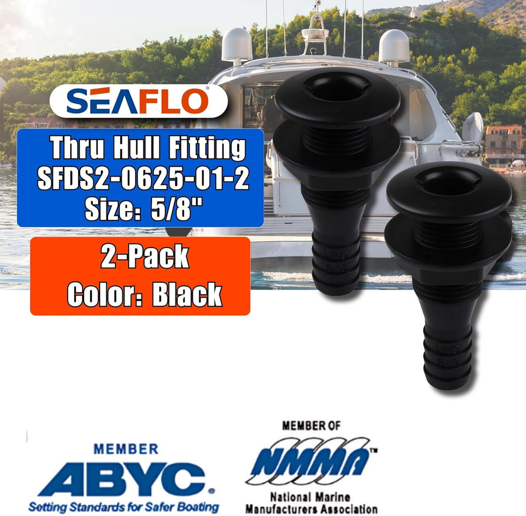 SEAFLO Thru Hull Fitting, Marine Boat, Plastic Drain Overflow Connector, Corrosion Resistant Saltwater Safe, Bilge Port Deck Outlet,(⅝,¾,1,1⅛,1¼,1½, & 2" Options)(1,2,5, &10 Packs)(White/Black)