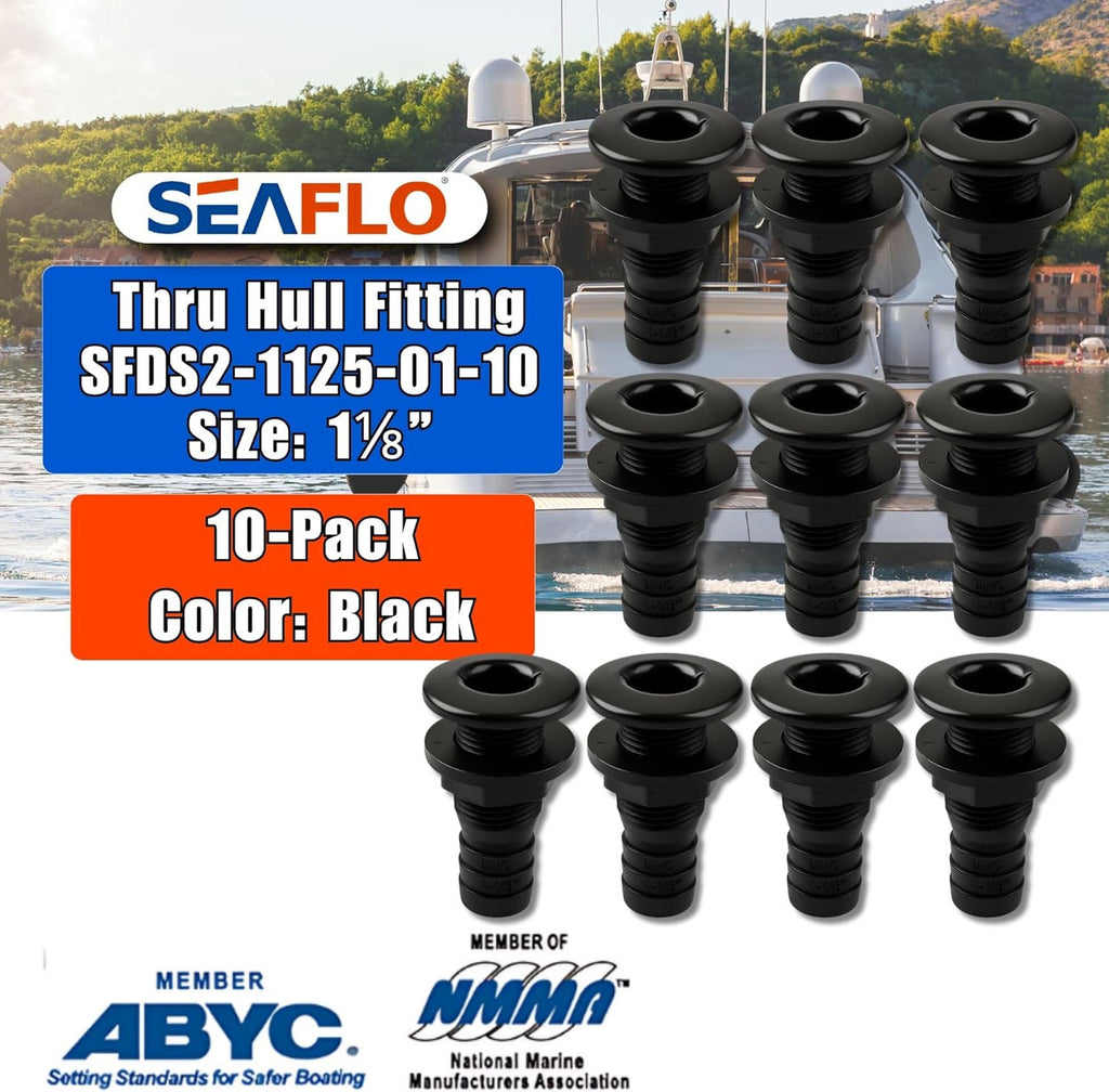SEAFLO Thru Hull Fitting, Marine Boat, Plastic Drain Overflow Connector, Corrosion Resistant Saltwater Safe, Bilge Port Deck Outlet,(⅝,¾,1,1⅛,1¼,1½, & 2" Options)(1,2,5, &10 Packs)(White/Black)