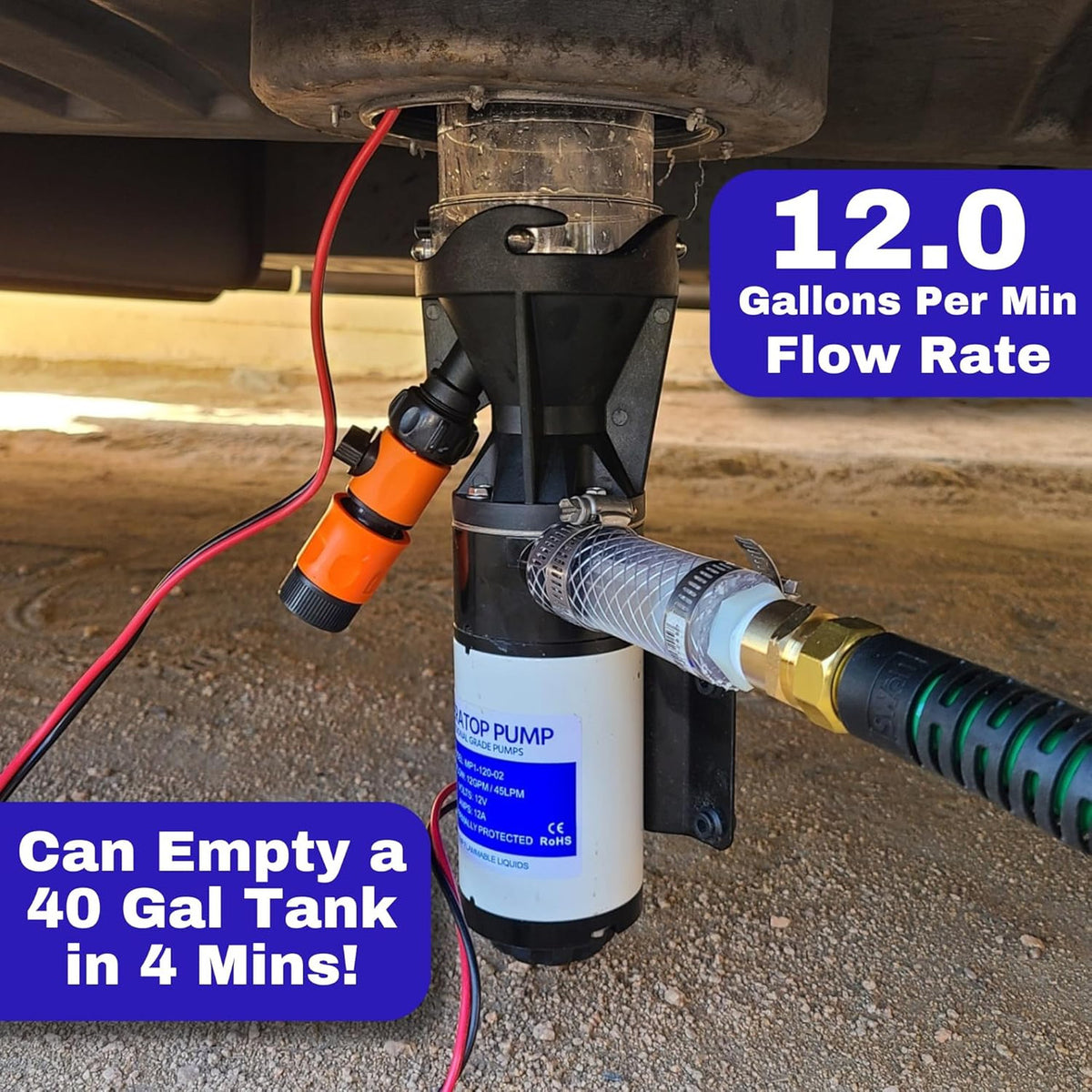 Quick Release RV Macerator Pump - 12V, 12GPM RV Dump Station Mount
