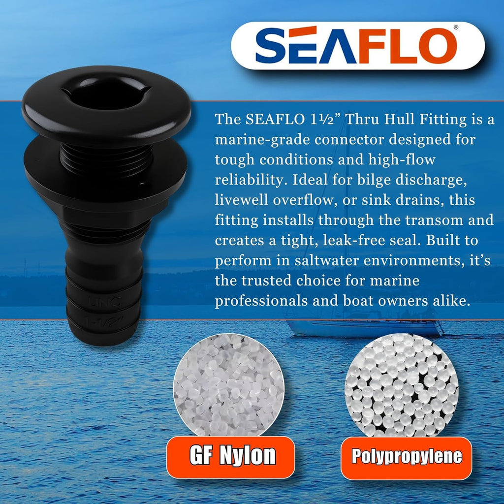 SEAFLO Thru Hull Fitting, Marine Boat, Plastic Drain Overflow Connector, Corrosion Resistant Saltwater Safe, Bilge Port Deck Outlet,(⅝,¾,1,1⅛,1¼,1½, & 2" Options)(1,2,5, &10 Packs)(White/Black)