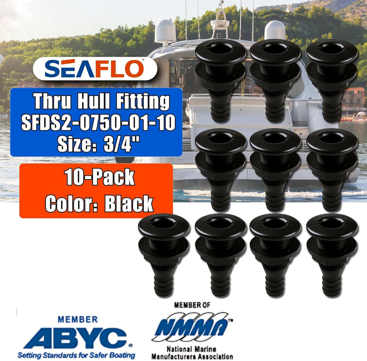 SEAFLO Thru Hull Fitting, Marine Boat, Plastic Drain Overflow Connector, Corrosion Resistant Saltwater Safe, Bilge Port Deck Outlet,(⅝,¾,1,1⅛,1¼,1½, & 2" Options)(1,2,5, &10 Packs)(White/Black)