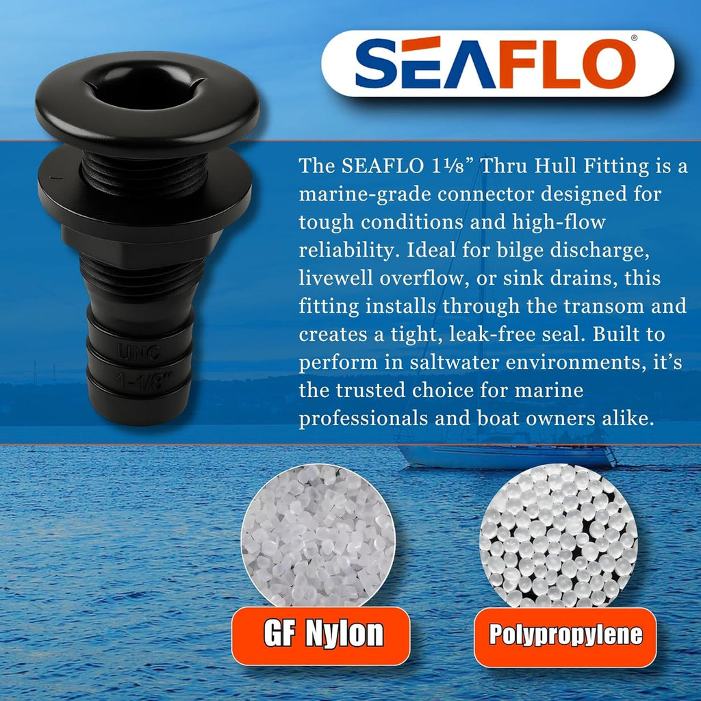 SEAFLO Thru Hull Fitting, Marine Boat, Plastic Drain Overflow Connector, Corrosion Resistant Saltwater Safe, Bilge Port Deck Outlet,(⅝,¾,1,1⅛,1¼,1½, & 2" Options)(1,2,5, &10 Packs)(White/Black)