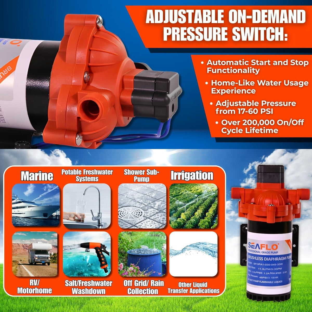 SEAFLO 33W Series 115V AC, 3.0 GPM, 45 PSI Brushless Automatic Demand Diaphragm Water Pressure Pump – Ultra Quiet Operation, Self-Priming, Overload Protection, NSF & UL Certified- 4 Year Warranty!