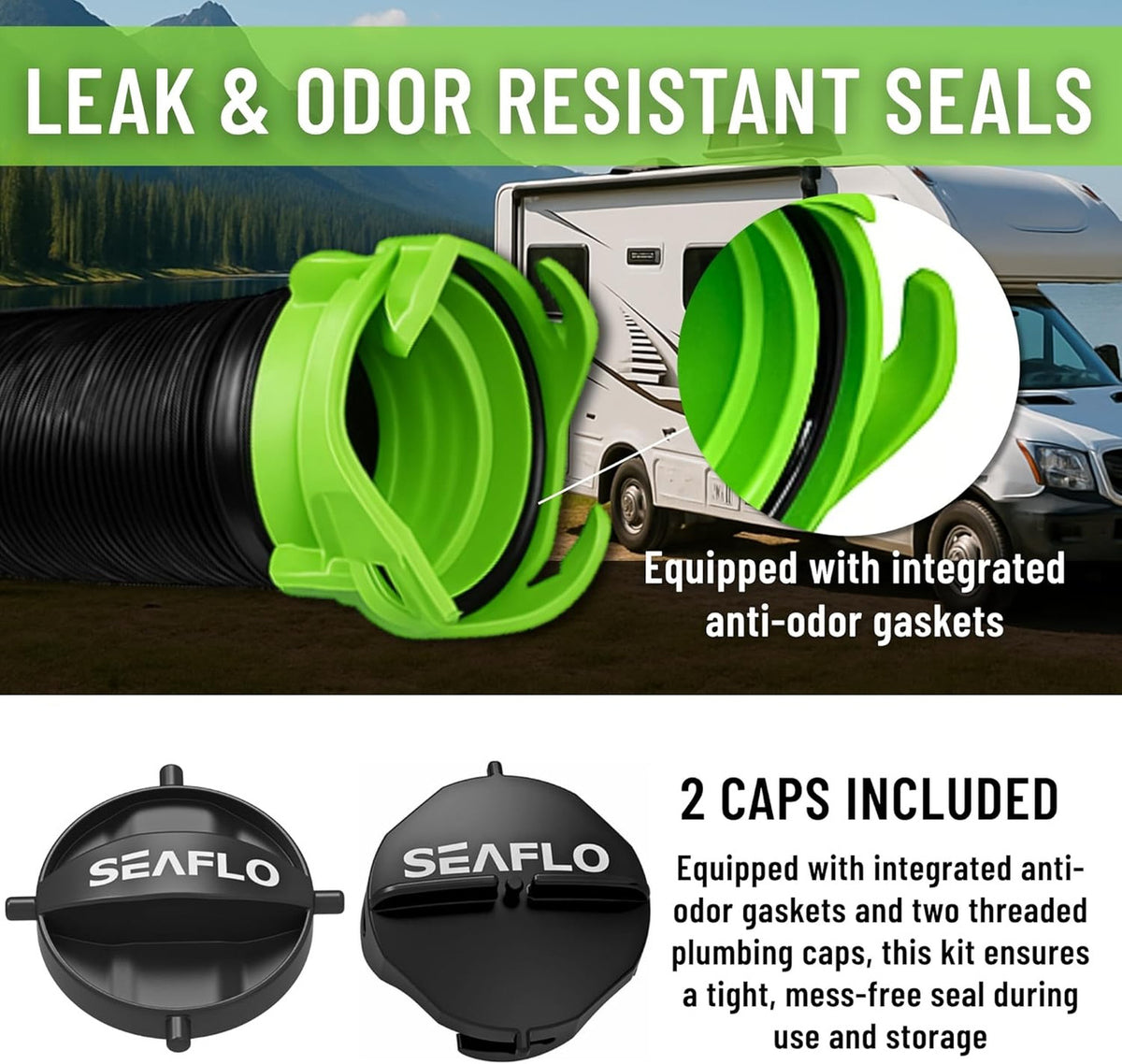 SEAFLO 20 FT RV Camper Sewer Hose Kit with Swivel Bayonet Adapter Polypropylene Waste Hose for Easy Storage 3.5" Swivel Adapter Fits 3" 3.5" 4" Pipes Includes 2 Plumbing Caps 4-Year Warranty
