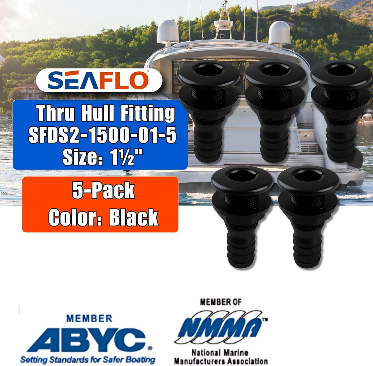 SEAFLO Thru Hull Fitting, Marine Boat, Plastic Drain Overflow Connector, Corrosion Resistant Saltwater Safe, Bilge Port Deck Outlet,(⅝,¾,1,1⅛,1¼,1½, & 2" Options)(1,2,5, &10 Packs)(White/Black)