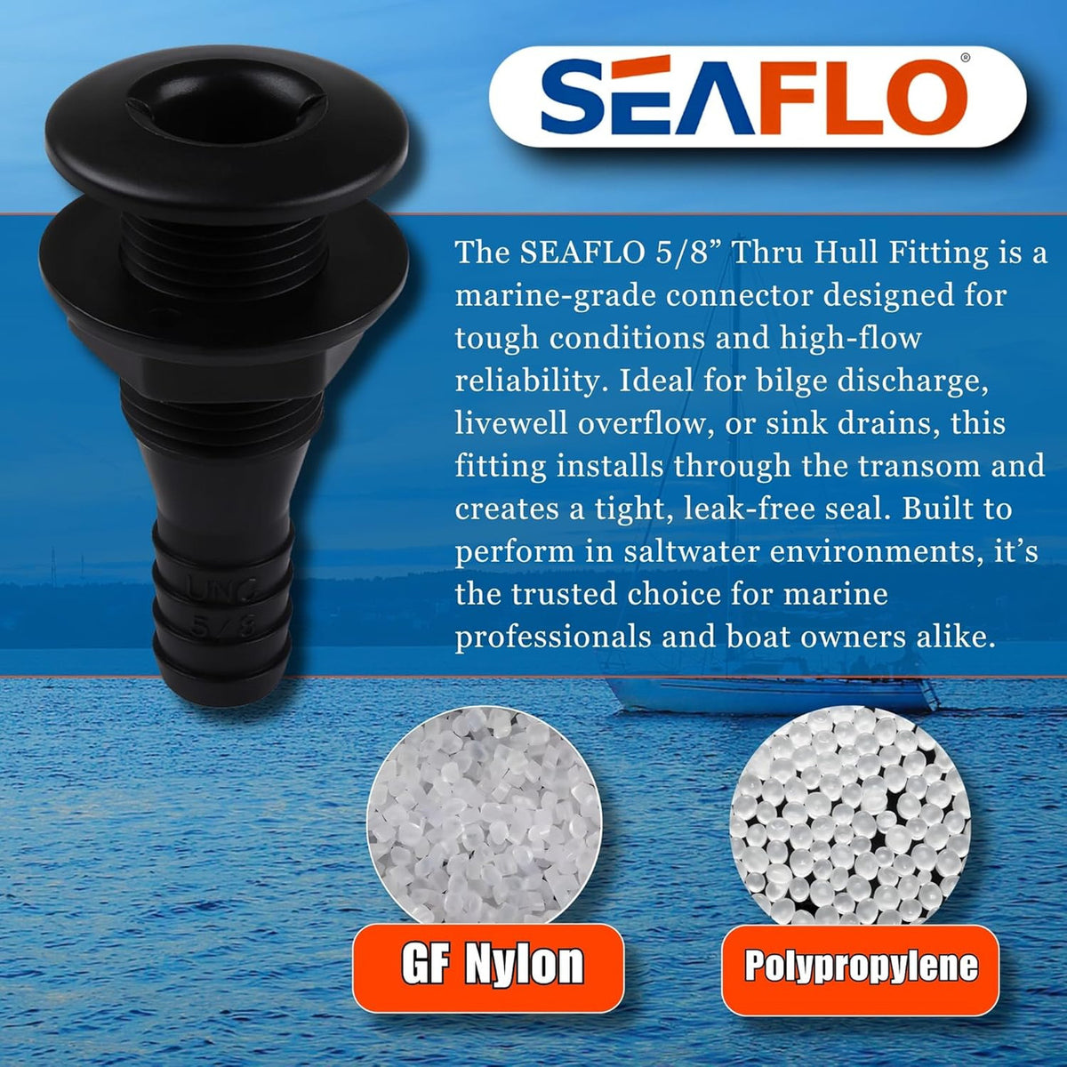 SEAFLO Thru Hull Fitting, Marine Boat, Plastic Drain Overflow Connector, Corrosion Resistant Saltwater Safe, Bilge Port Deck Outlet,(⅝,¾,1,1⅛,1¼,1½, & 2" Options)(1,2,5, &10 Packs)(White/Black)