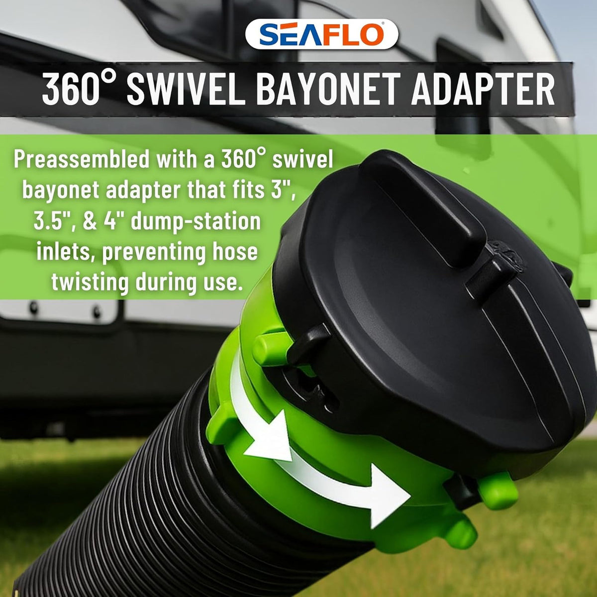 SEAFLO 20 FT RV Camper Sewer Hose Kit with Swivel Bayonet Adapter Polypropylene Waste Hose for Easy Storage 3.5" Swivel Adapter Fits 3" 3.5" 4" Pipes Includes 2 Plumbing Caps 4-Year Warranty