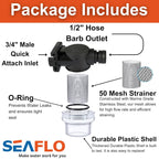 SEAFLO Inline Water Pump Filter 52S02-3/4" Male Quick Attach with 1/2" Hose Barb, 50 MeshSteel Strainer with Plastic Shell, Fits SEAFLO 56 Series Pumps, RV, Marine, Agriculture, Lawn Care (1-Pack)
