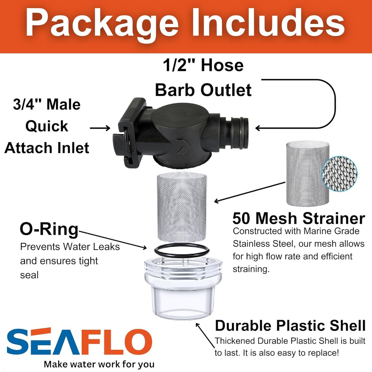 SEAFLO Inline Water Pump Filter 52S02-3/4" Male Quick Attach with 1/2" Hose Barb, 50 MeshSteel Strainer with Plastic Shell, Fits SEAFLO 56 Series Pumps, RV, Marine, Agriculture, Lawn Care (1-Pack)