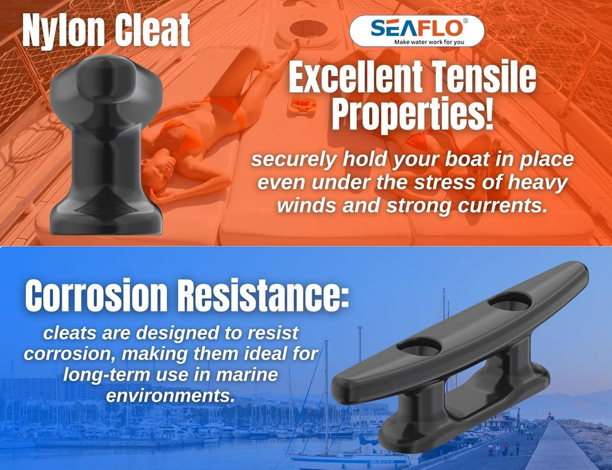 SEAFLO Boat Cleat Black Nylon Dock Cleat Kayak Cleat, 3", 4", 5", 6", 8" (Choose Size and Qty)