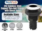 SEAFLO Thru Hulls Fitting Thru-Hull with Check Valve, 5/8”, 3/4”, 1”, 1-1/8”, 1-1/4”, 1-1/2”, or 2” Sizes, White/Black, Polypropylene/Nylon, 4-Year Warranty, (Choose Color, Size, and Pack Size)