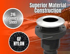 SEAFLO Thru Hulls Fitting Thru-Hull with Check Valve, 5/8”, 3/4”, 1”, 1-1/8”, 1-1/4”, 1-1/2”, or 2” Sizes, White/Black, Polypropylene/Nylon, 4-Year Warranty, (Choose Color, Size, and Pack Size)