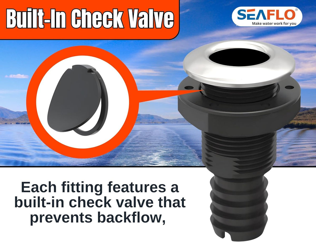 SEAFLO Thru Hulls Fitting Thru-Hull with Check Valve, 5/8”, 3/4”, 1”, 1-1/8”, 1-1/4”, 1-1/2”, or 2” Sizes, White/Black, Polypropylene/Nylon, 4-Year Warranty, (Choose Color, Size, and Pack Size)