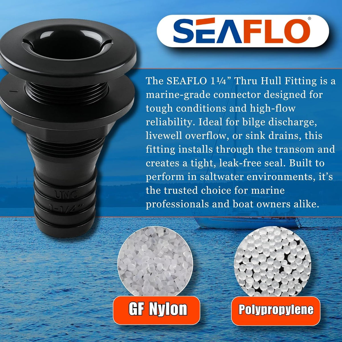 SEAFLO Thru Hull Fitting, Marine Boat, Plastic Drain Overflow Connector, Corrosion Resistant Saltwater Safe, Bilge Port Deck Outlet,(⅝,¾,1,1⅛,1¼,1½, & 2" Options)(1,2,5, &10 Packs)(White/Black)