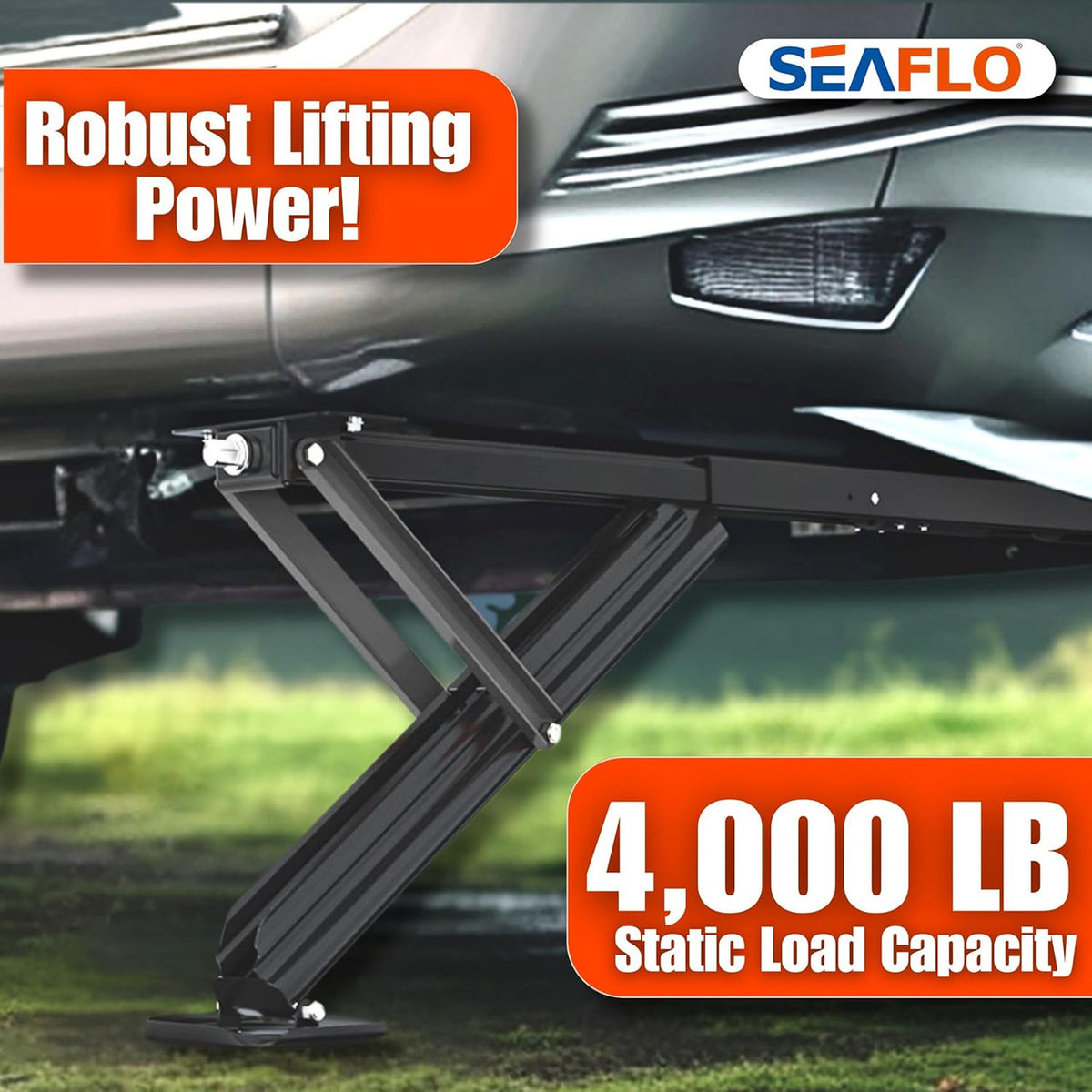 SEAFLO 12V High-Speed Electrical Powered Stabilizing Jack, 4,000 Lbs Static Load Capacity, Heavy-Duty Powder-Coated Steel, Up to 25” Extension, Waterproof Motor, Corrosion-Resistant, 4-Year Warranty