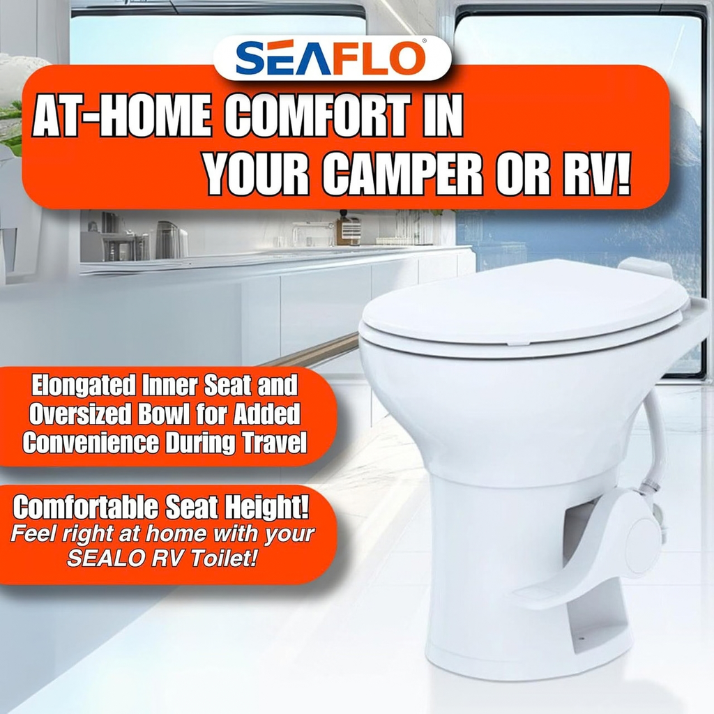 SEAFLO Porcelain RV Toilet with Sprayer Attachment - Elongated Bowl 19” Inch Residential Height, Gravity Flush, Foot Pedal Soft Close Seat Camper Motorhome Easy Install