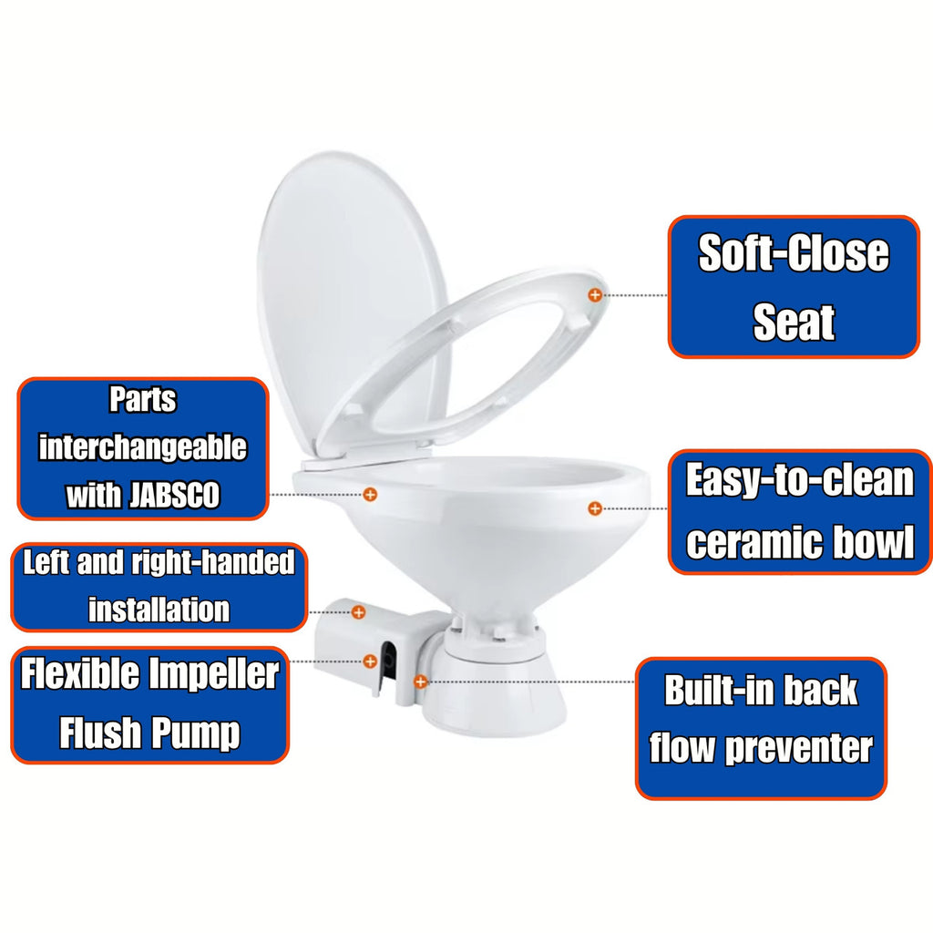SEAFLO Electric Marine Toilets - Self Priming, Macerator, Switch Panel Control, Ceramic Bowl, Boat Yacht Toilet (Choose Compact/Regular Sizes and 12V/24V Options)