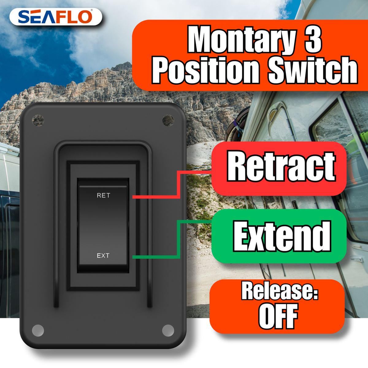 SEAFLO Stabilizer Jack Switch Power Rocker Switch, MAX 30 Amps, 12V/24V, Extend-Retract, 4 Pin Wire Harness, Momentary Reversing Polarity, IP68-Waterproof for RV Boat Truck, 4 Year Warranty