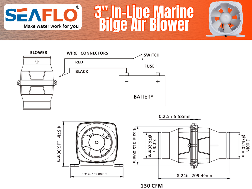 SEAFLO 01-Series 3" In-Line Bilge Blower w/Quiet Operation Low Amp Draw (12V | 130CFM)