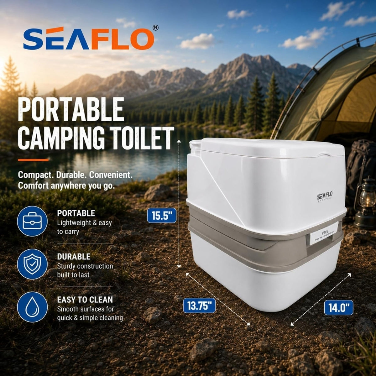 SEAFLO Premium Portable Travel Toilet - 3.2 Gallon (12L)