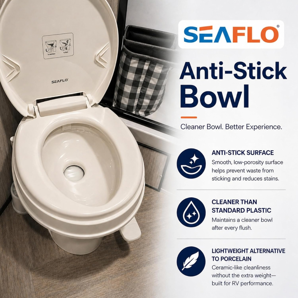 SEAFLO RV Toilet - Standard Height, Gravity Flush, Foot Pedal, Soft Close Lid (Bone Color)