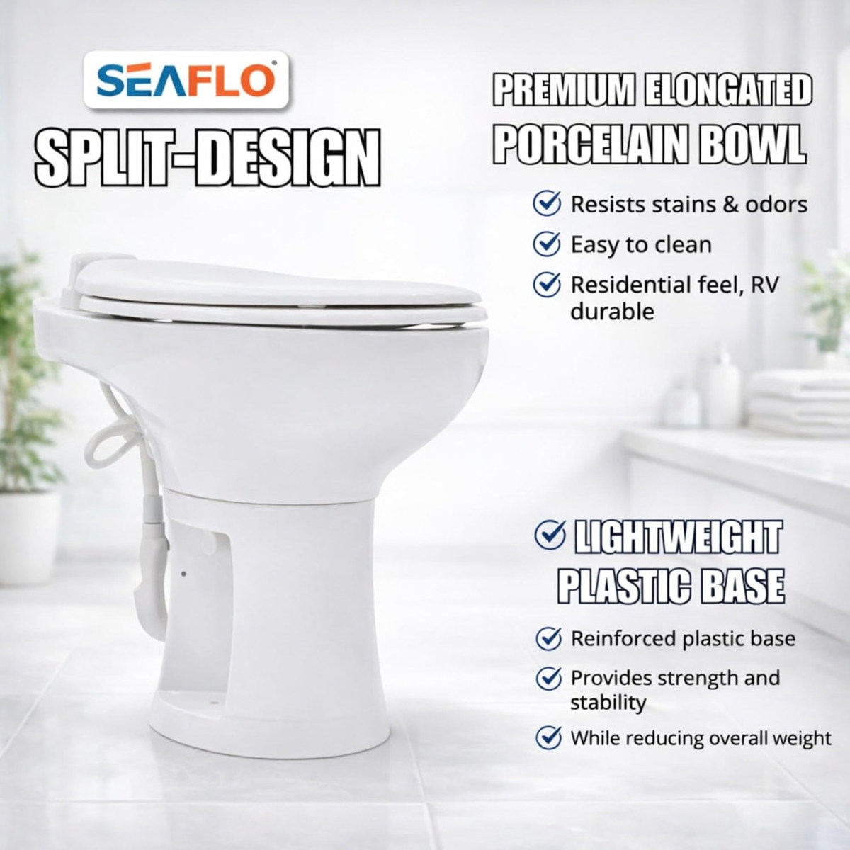 SEAFLO Porcelain RV Toilet with Sprayer Attachment - Elongated Bowl 19” Inch Residential Height, Gravity Flush, Foot Pedal Soft Close Seat Camper Motorhome Easy Install