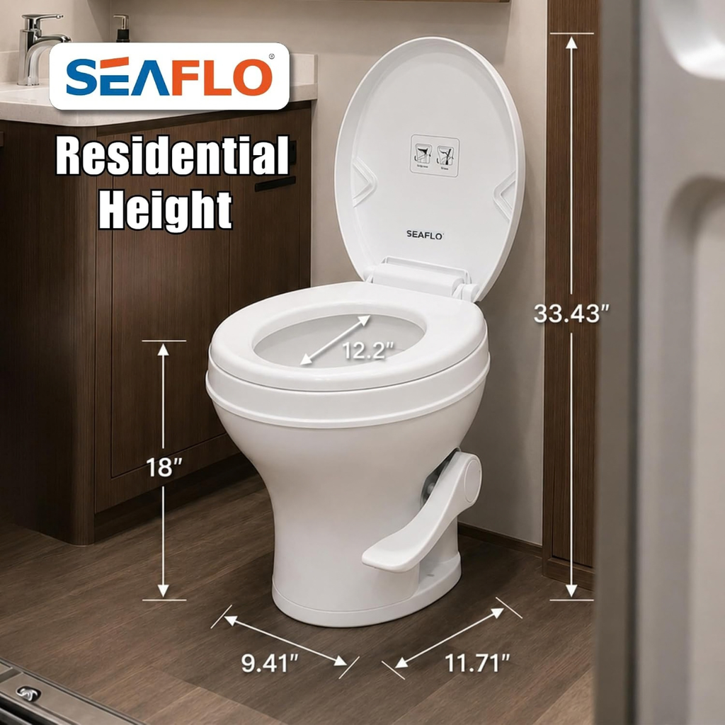 SEAFLO Residential Height Camper/RV Toilet, 18.5” Standard Height, Gravity Flush System, Foot Pedal Operation, Soft Close Seat, Easy-to-Clean Oversized Bowl (Color: White)