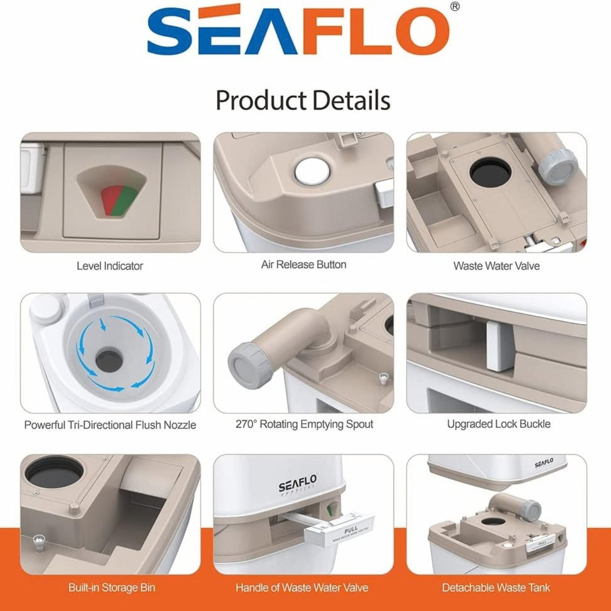 SEAFLO Premium Portable Travel Toilet - 3.2 Gallon (12L)