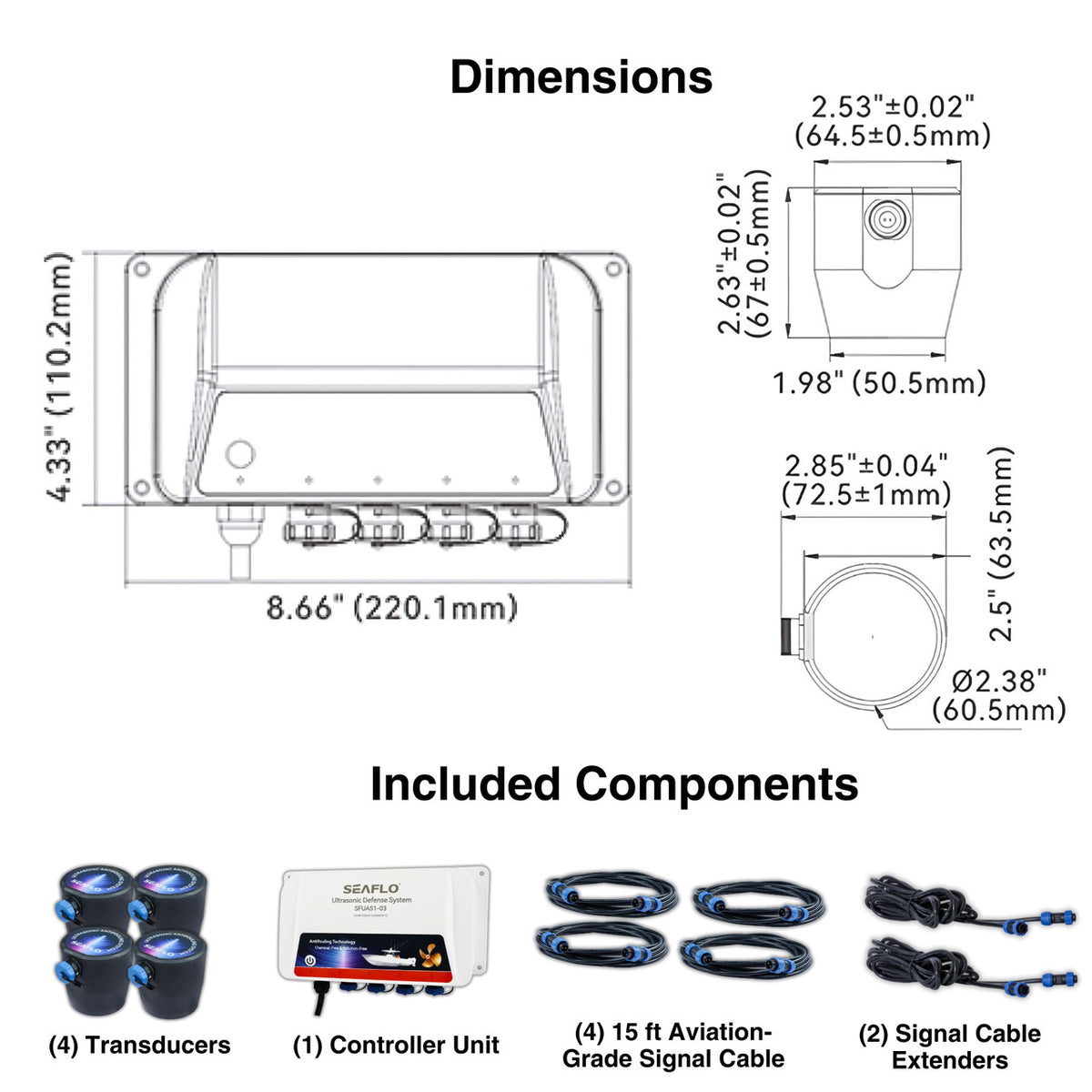 SEAFLO Ultrasonic Defense System - Fully Automated Ultrasonic Barnacle Repelling System for Boats and Yachts | 4 Transducer System | Covers 200 sq. ft. | 4-Year Warranty