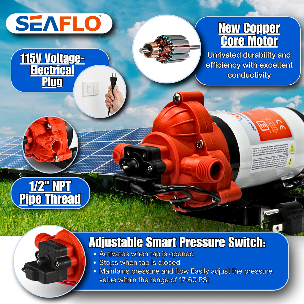 SEAFLO 33-Series On-Demand Diaphragm Water Pressure Pump (115V | 3.3 GPM) w/ Power Plug for Wall Outlet