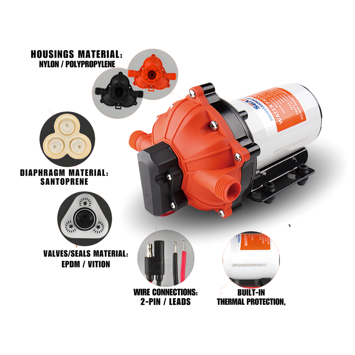 SEAFLO 55-Series Diaphragm Water Pressure Pump - with HEAVY DUTY PRESSURE SWITCH (5.5 GPM | 60 PSI) (Choose 12V, or 24V)