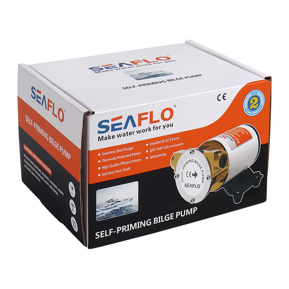 SEAFLO 01-Series Self-Priming Impeller Bilge Pump - 12V DC, 8 GPM, 1/2-Inch FNPT Ports, Marine-Grade Bronze Head, Thermally Protected