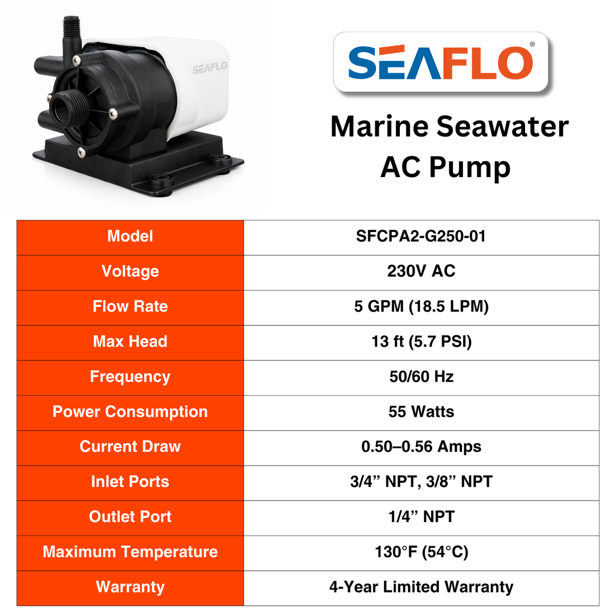 SeaFlo Marine Air Conditioner  Circulation Pump 250 GPH / 115V