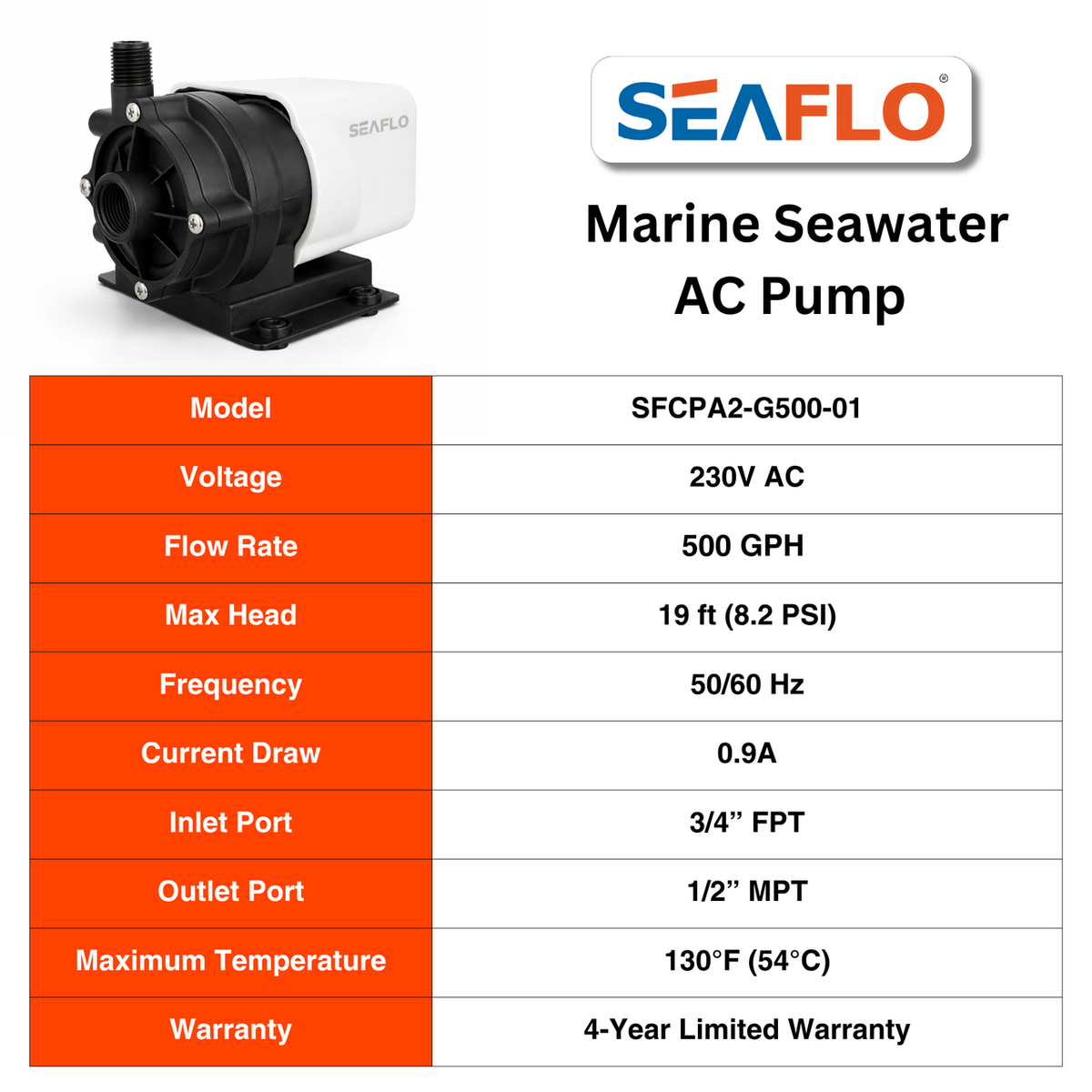 SeaFlo Marine Air Conditioner Circulation Pump 500 GPH / 115V