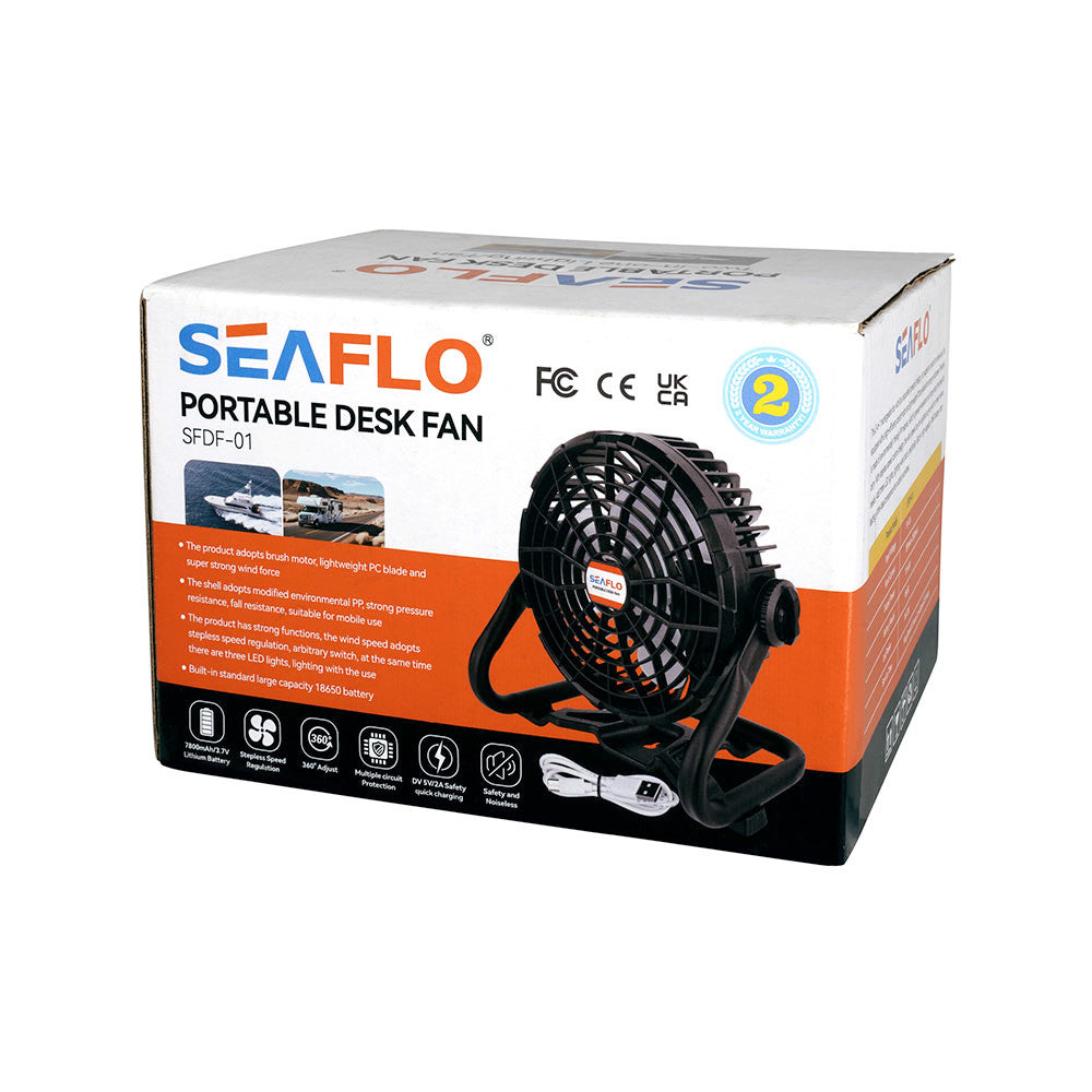 SEAFLO Portable Desk Fan 2-in-1 rechargeable fan high speed 6 hours low speed 12hours
