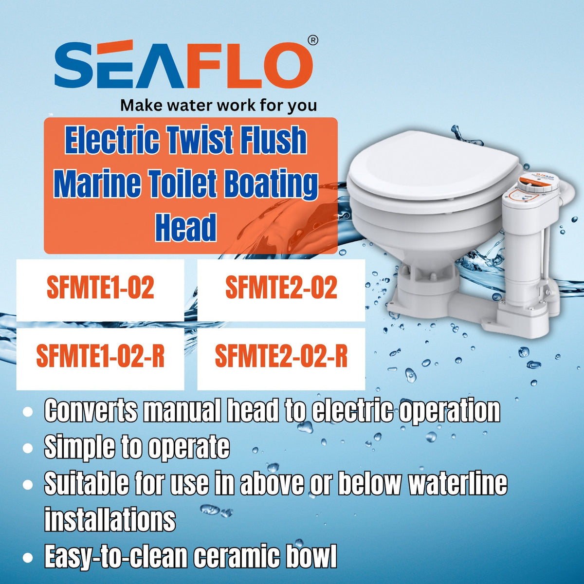 SEAFLO Electric Twist Flush Marine Toilets - Self Priming, Macerator, Rotary Control, Ceramic Bowl, Boat Yacht Toilet (Choose Compact/Regular Sizes and 12V/24V Options)