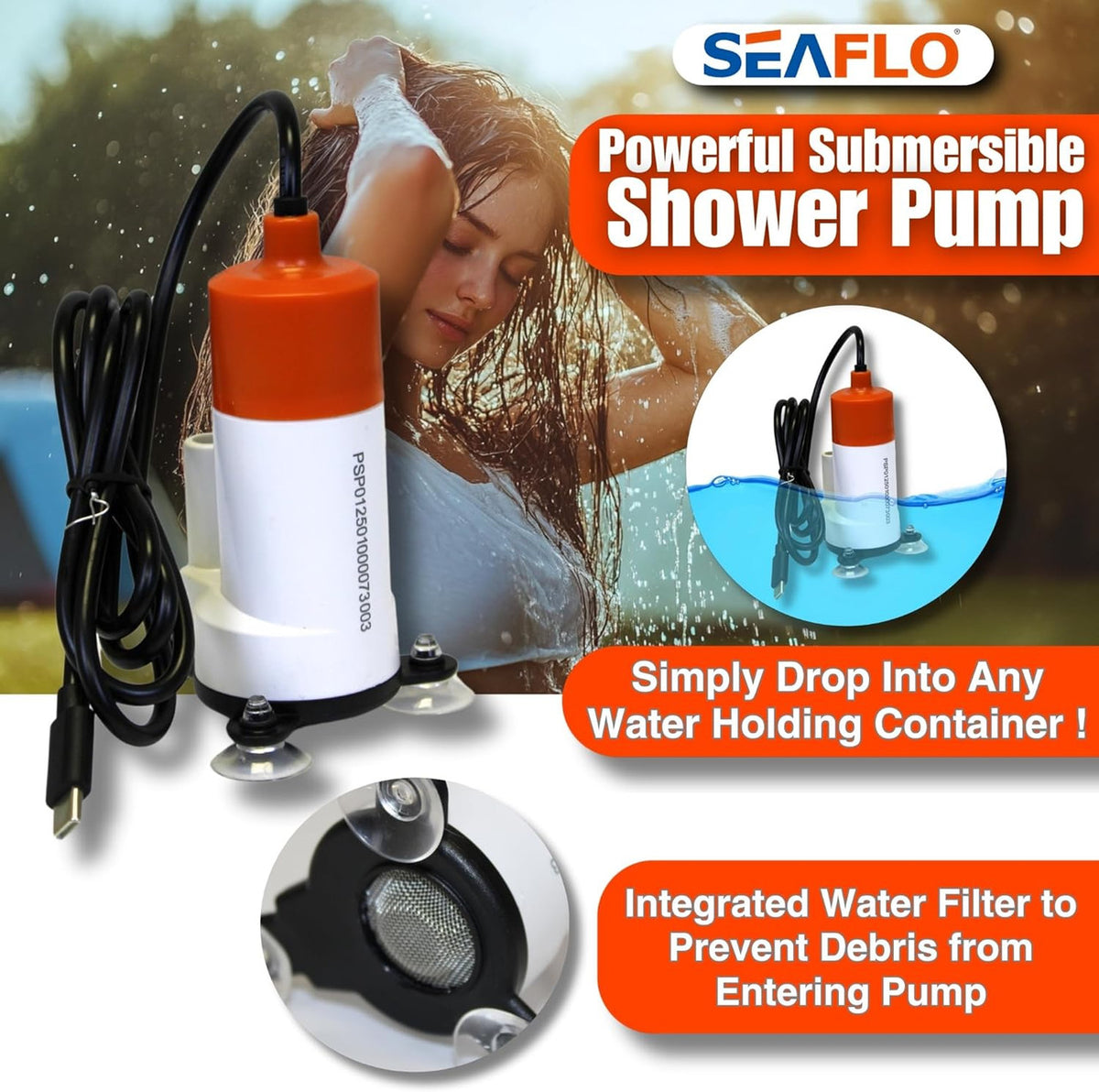 SEAFLO Portable Camping/Outdoor Shower, Rechargeable Battery, 2.64 Gallons Per Min, 40-Minute Runtime Outdoor Camping Pet Washing, Type-C Charging, 80" Hose (with or Without 2.6 Gallon Bucket)