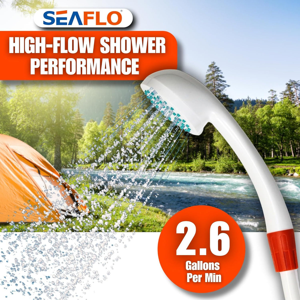 SEAFLO Portable Camping/Outdoor Shower, Rechargeable Battery, 2.64 Gallons Per Min, 40-Minute Runtime Outdoor Camping Pet Washing, Type-C Charging, 80" Hose (with or Without 2.6 Gallon Bucket)