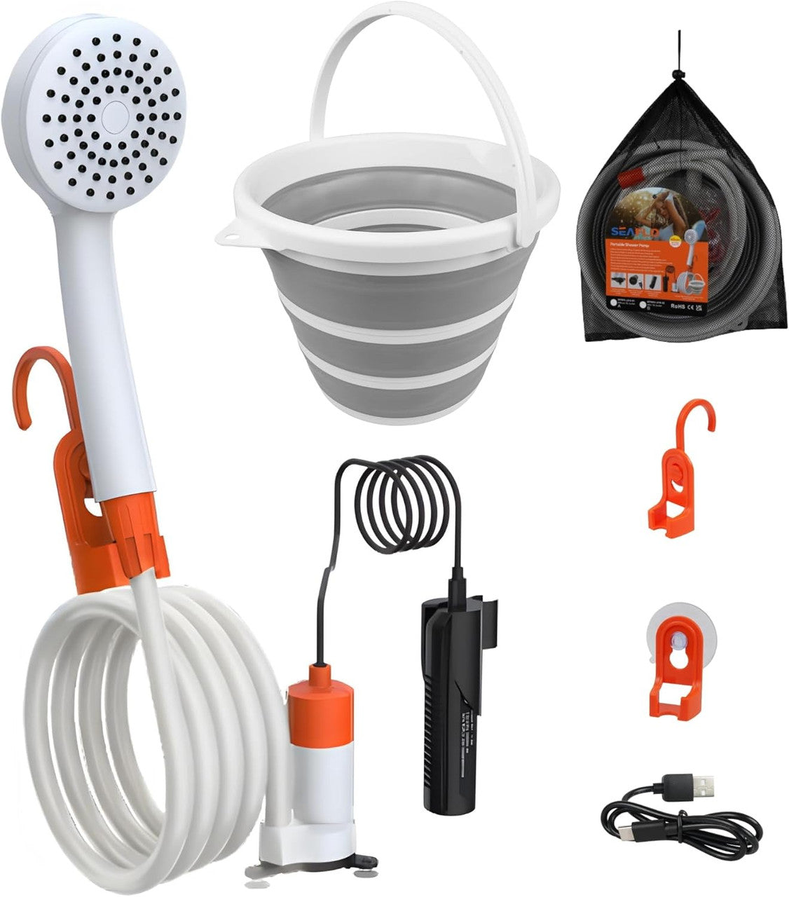 SEAFLO Portable Camping/Outdoor Shower, Rechargeable Battery, 2.64 Gallons Per Min, 40-Minute Runtime Outdoor Camping Pet Washing, Type-C Charging, 80" Hose (with or Without 2.6 Gallon Bucket)